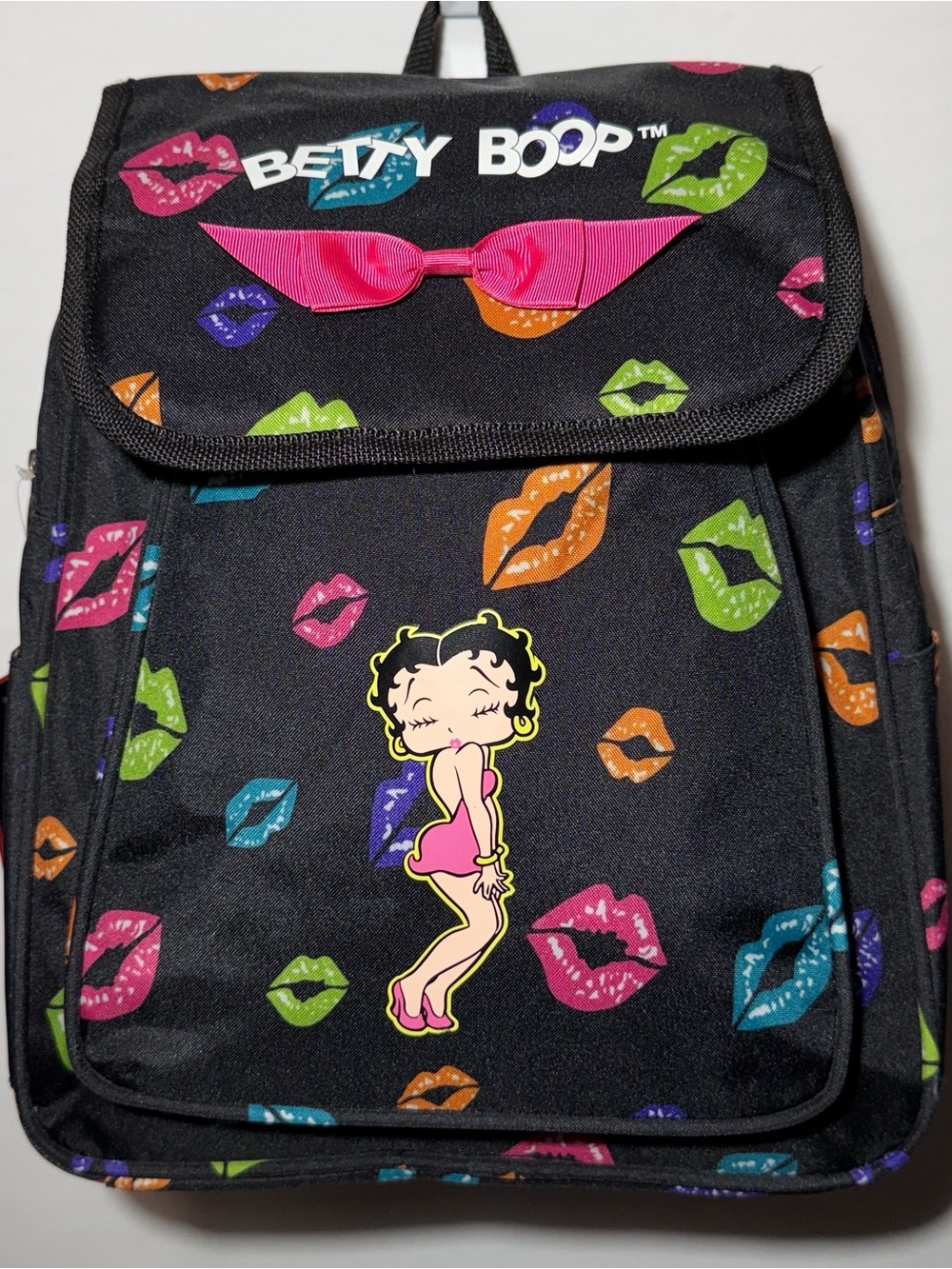*Betty Boop* Lips Backpack Bag Black with Pink Bow and Multicolor Lip Pattern